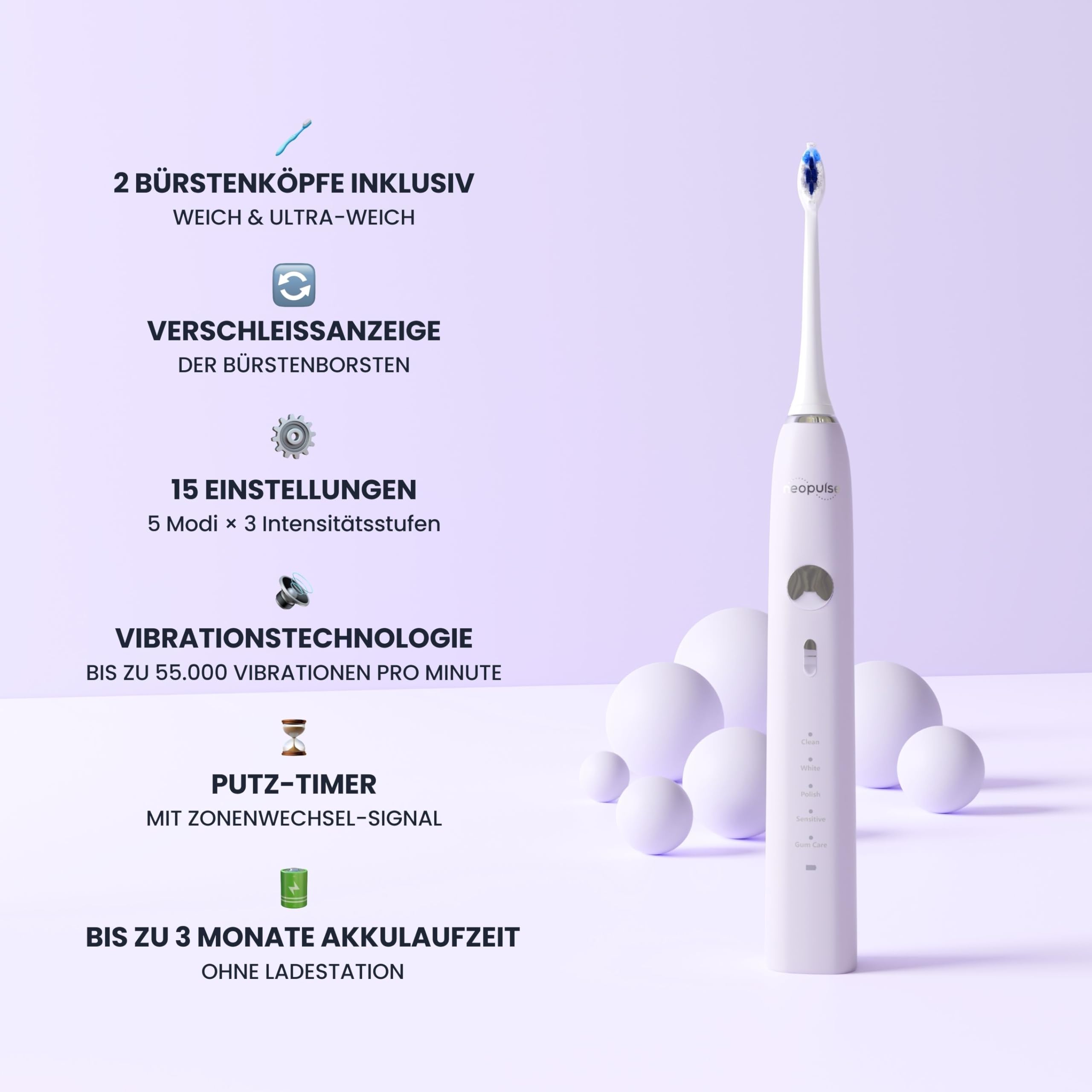 NEOPULSE NEOSONIC® Schallzahnbürste – 5 Reinigungsmodi & 15 Intensitätsstufen – Akkulaufzeit 3 Monate – 2-Min Timer – USB-C Aufladung – 2 Bürstenköpfe – Violett
