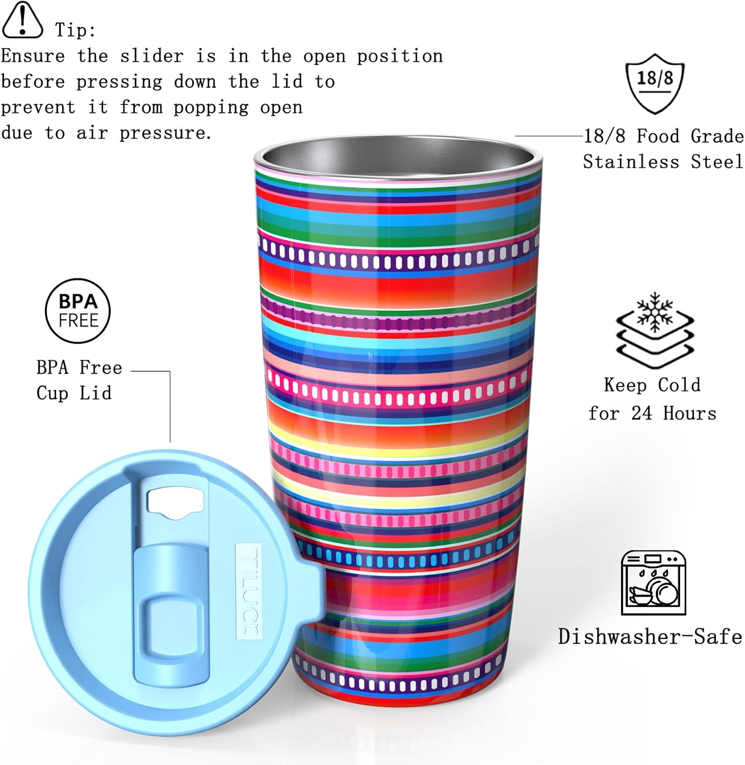 TILUCK 20 oz Tumbler with Lid, Vacuum Insulated Stainless Steel Coffee Mug, Double-Walled Travel Tumbler for Hot and Cold Drinks(RainbowStripes, 20oz) - Image 2