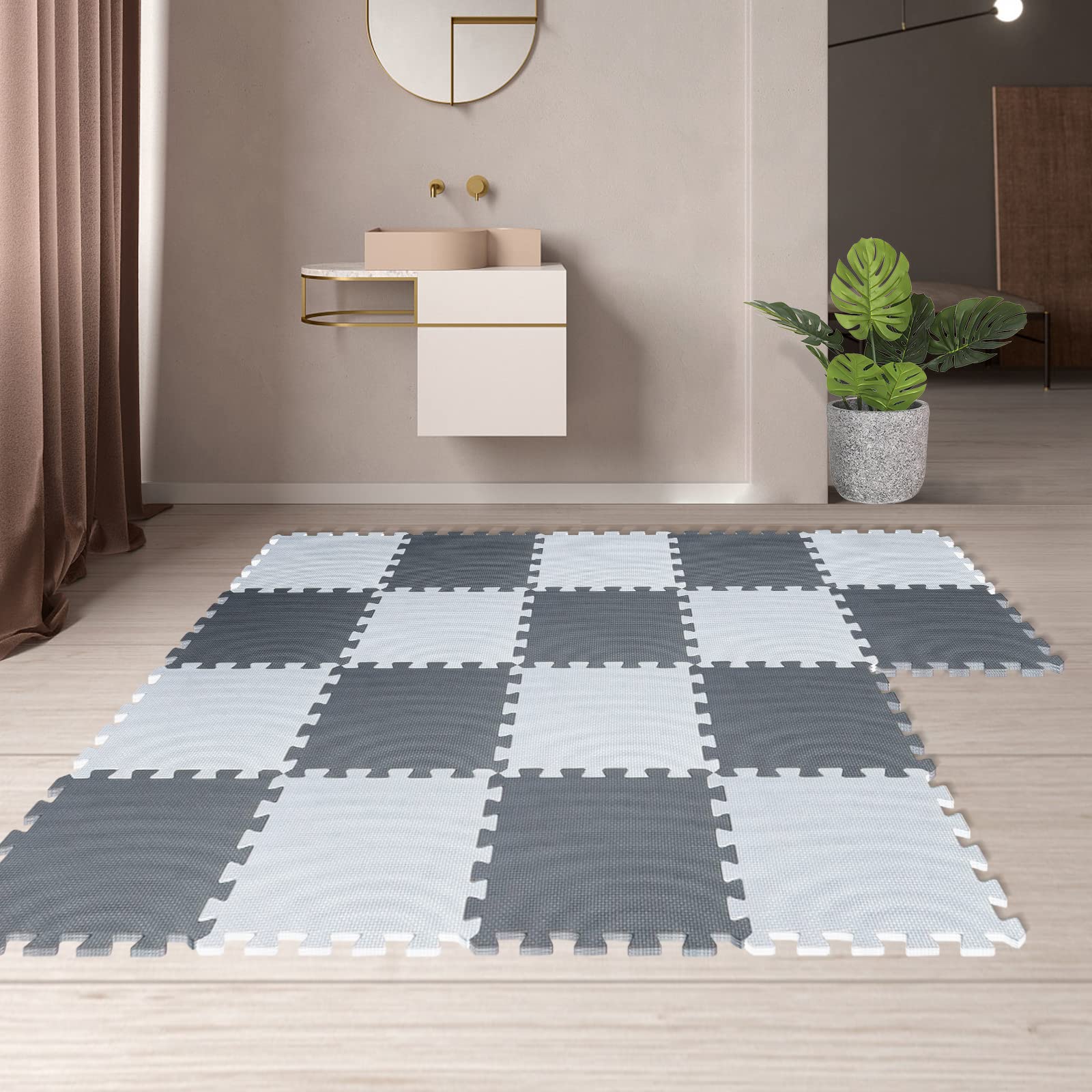 Tappeto in schiuma per puzzle, tappeto da pavimento, puzzle, tappeto in schiuma per bambini, multicolore per bambini, tappetino da strisciare, attivite, 30 x 30 x 1 cm (36 lastre, bianco + grigio