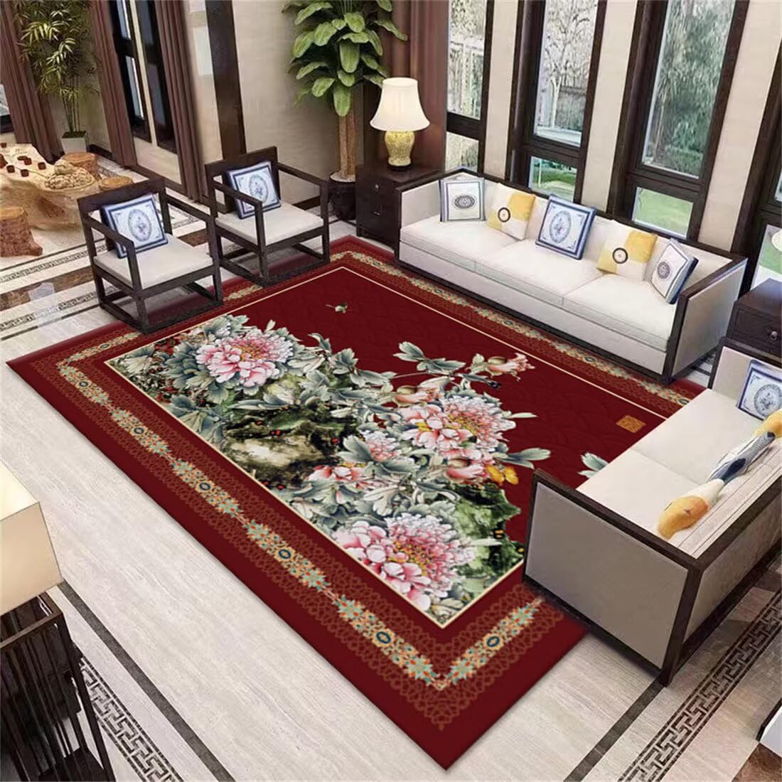 Tapis de salon lavable 60x90cm rouge motif oriental paillasson entree