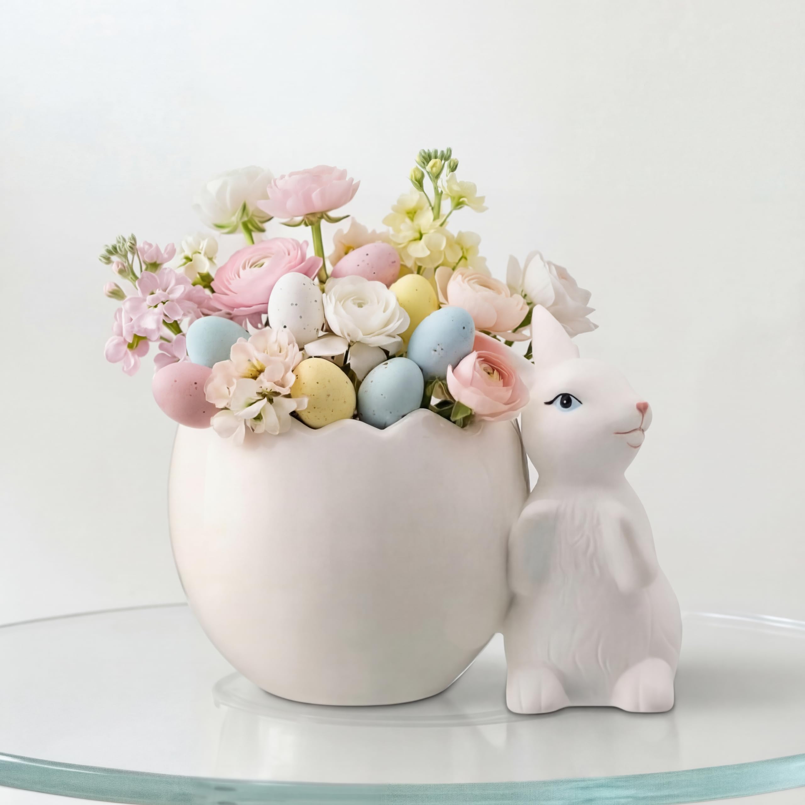 Easter Bunny Eggshell Vase for Flowers 4.3 Inch Easter Spring Tabletop Centerpiece Rabbit Figurine Statue Eggshell Ceramic Vase Rustic Craft for Home Dining Table Living Room Decoration