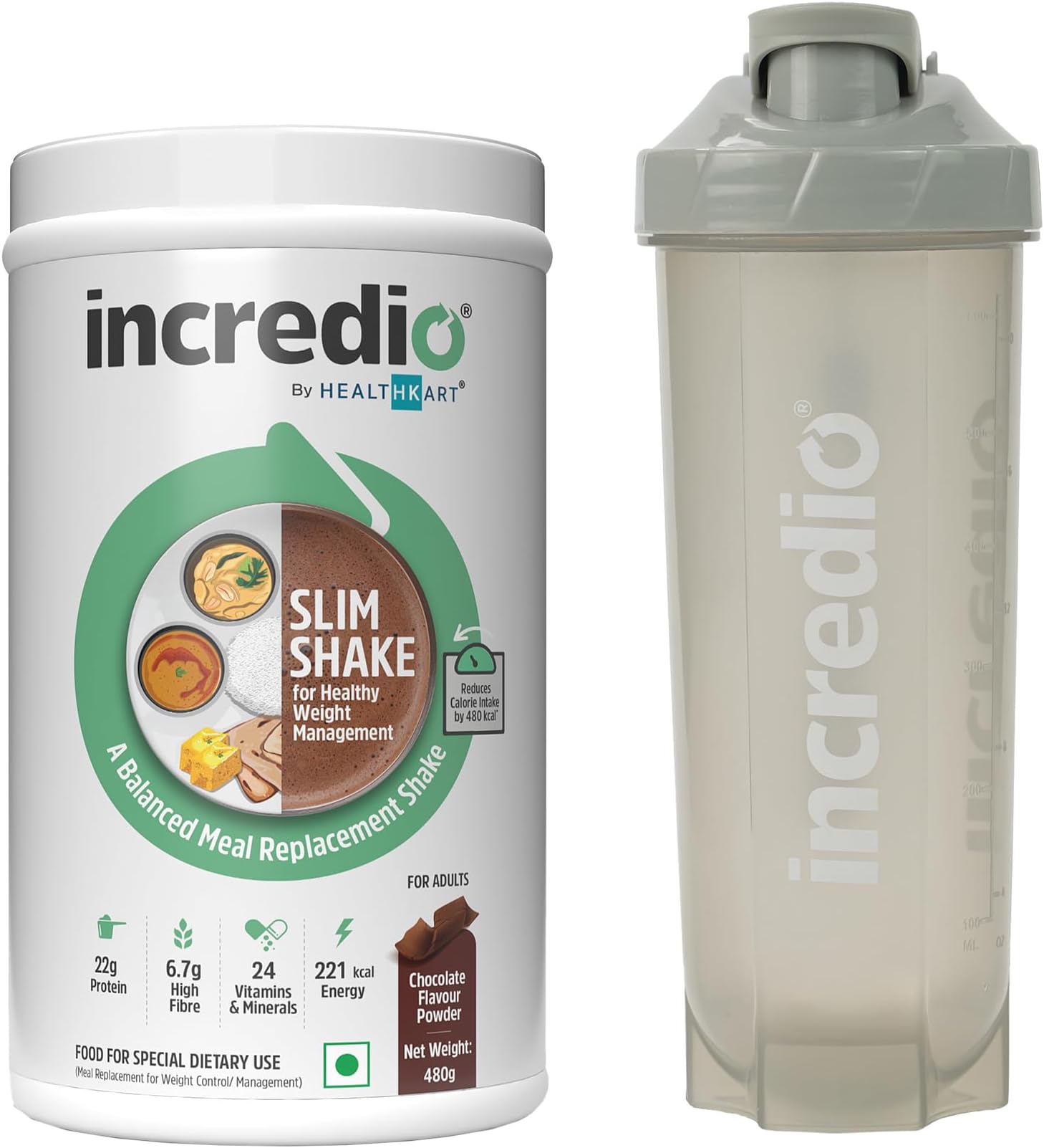 Incredio by Healthkart Slim Shake for Weight Management (Chocolate, 480g) & Shaker (Grey, 600ml) Combo Pack | Meal Replacement Shake with 22g Triple Blend Protein