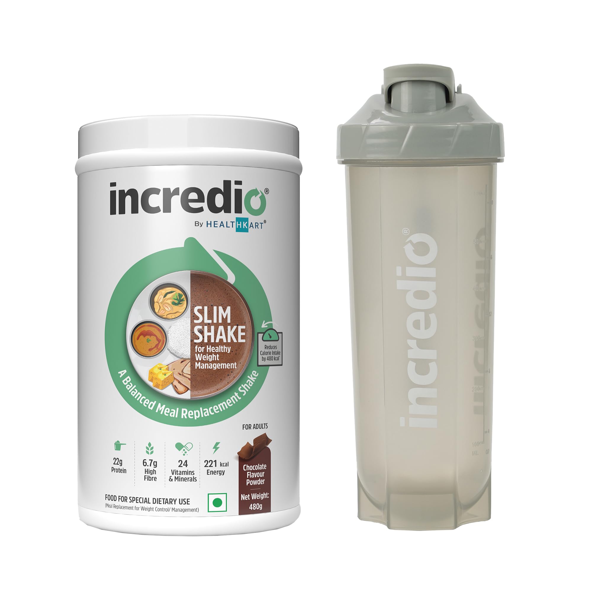 Sponsored Ad - Incredio by Healthkart Slim Shake for Weight Management (Chocolate, 480g) & Shaker (Grey, 600ml) Combo Pack | Meal Replacement Shake with 22g Triple Blend Protein