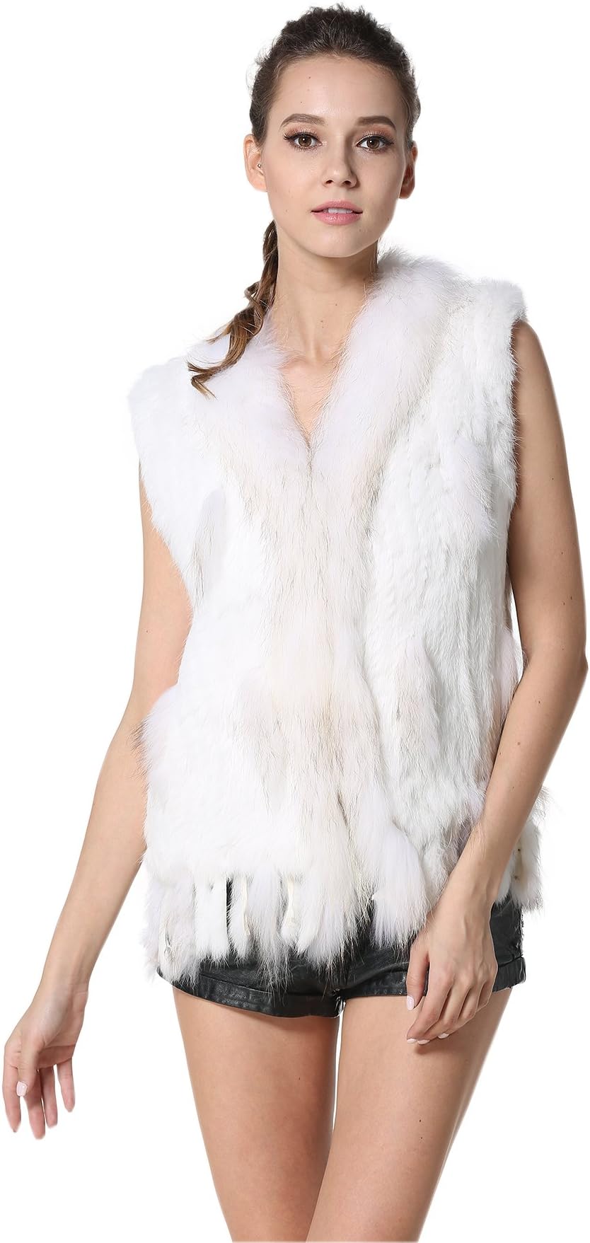 MEEFUR Rabbit Fur Vests with Raccoon Fur Collar Women's Winter Autumn Gilets Real Fur Knitted Waistcoat (White, US10)