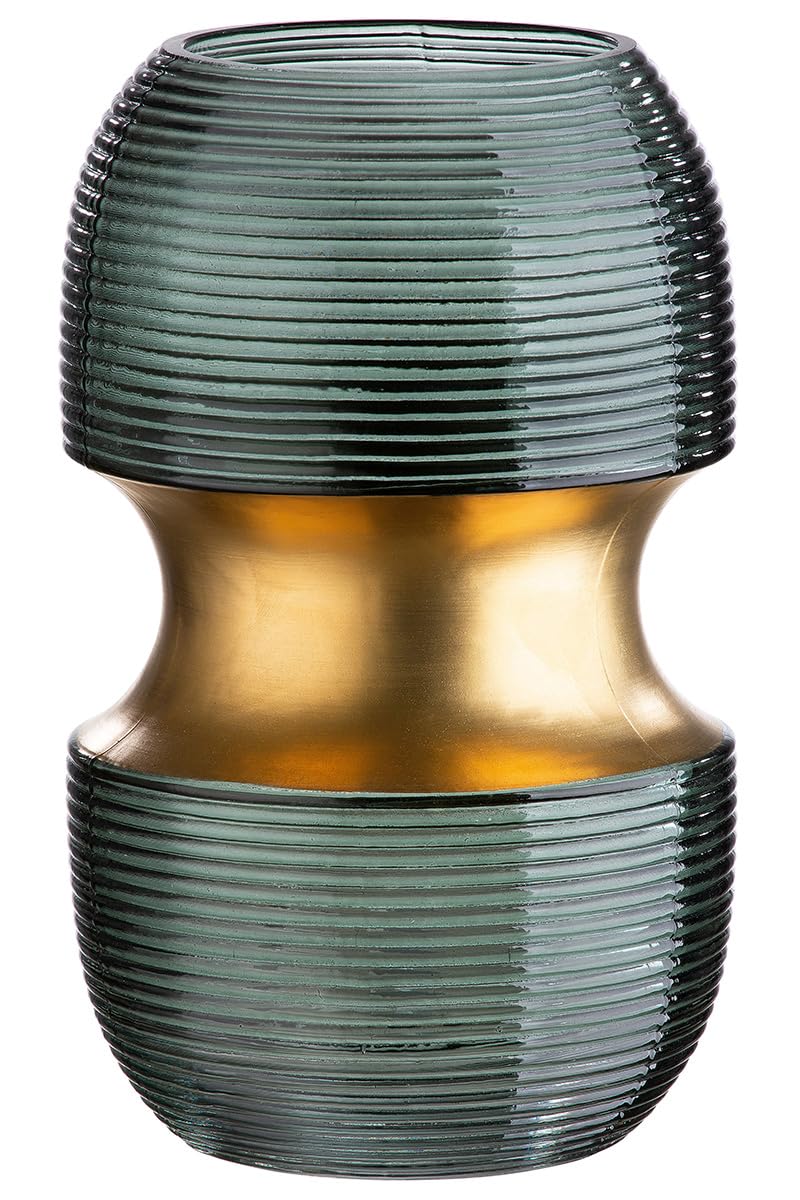GILDE Decorative Glass Vase – Modern Flower Vase with Grooves Design – Gift Birthday Table Decoration Christmas Wedding Gold Wedding – Colour: Green Gold Height 22 cm
