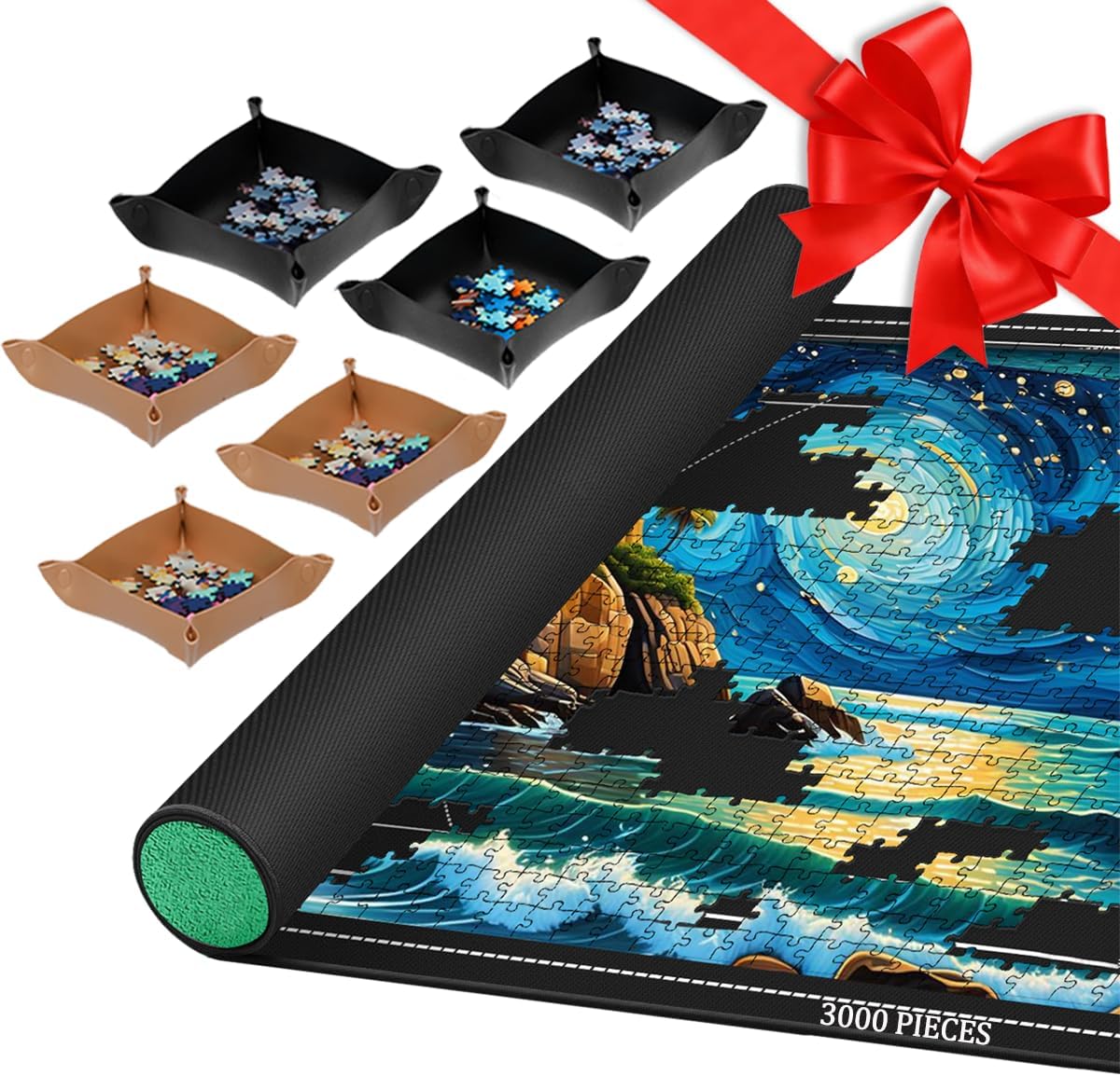 Jigsaw Puzzle Mat Roll Up, Portable Saver Pad 48” x 31” Up to 2000 Pieces, Puzzles Matt Rollup with Non-Slip Rubber Bottom & Smooth Top. (6 Puzzle Sorting Trays & 1 Storage Bag)