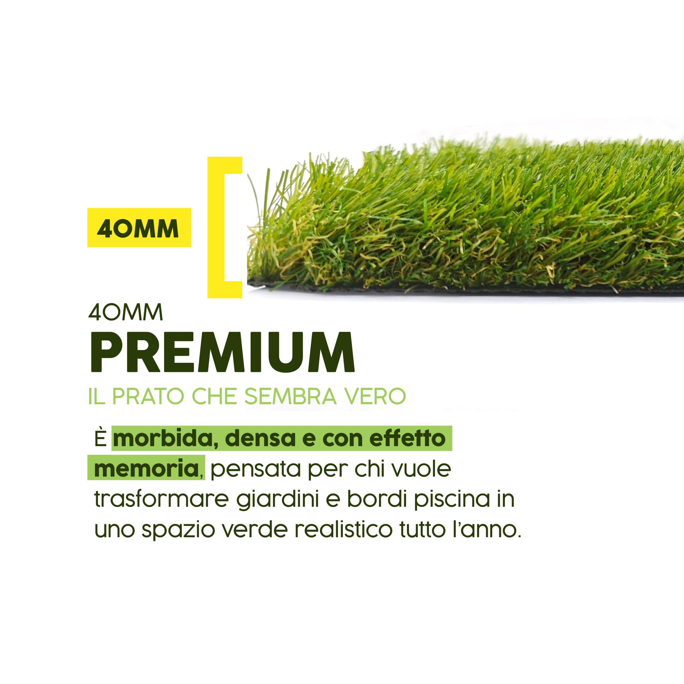 Erba sintetica Premium alta 40 mm, rotolo da 1x3 metri