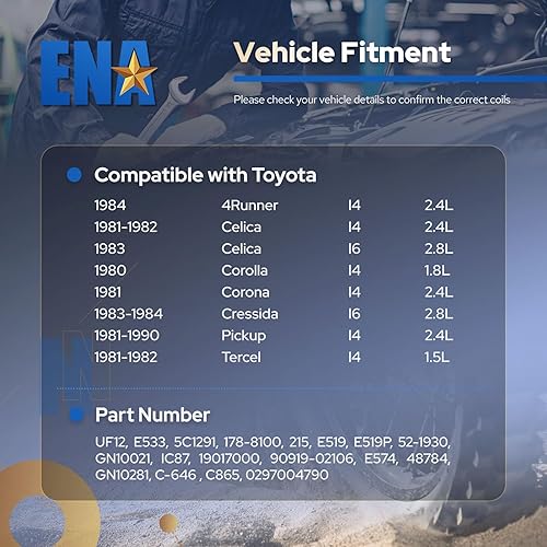 Miniatura 7 de ENA Paquete de bobinas de encendido compatible con Toyota Pickup Cressida Celica Corolla Tercel 4Runner 1.5L 1.8L 2.4L 1980-1990 Reemplazo para C865