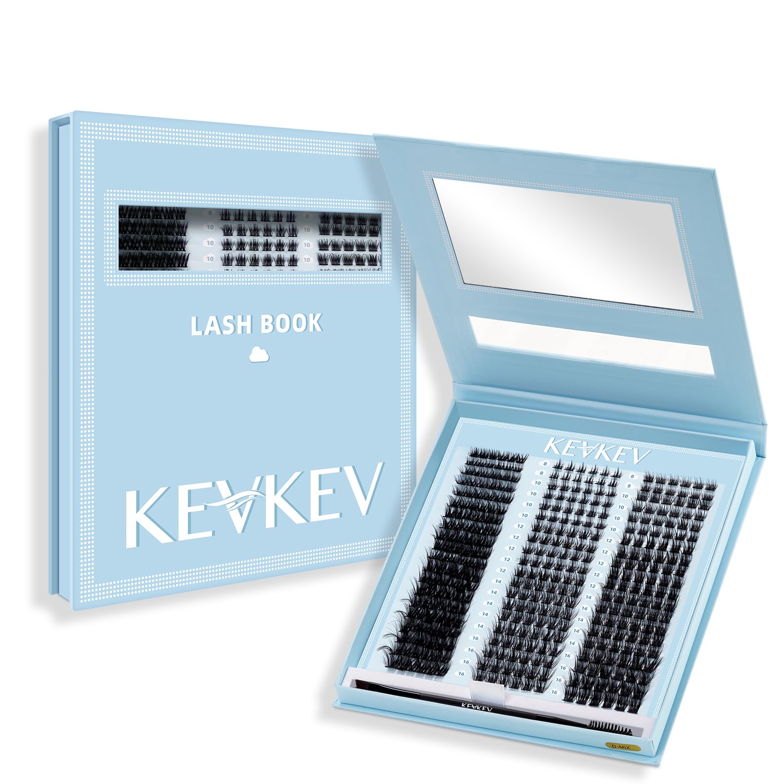 KevKevLash Clusters Mixed Styles Cluster Lashes with Dual-side Brush and Mirror Covered Lash Book for DIY Lash Extensions Thin Band & Soft Lashes(360 Pcs, D-8-16mix)