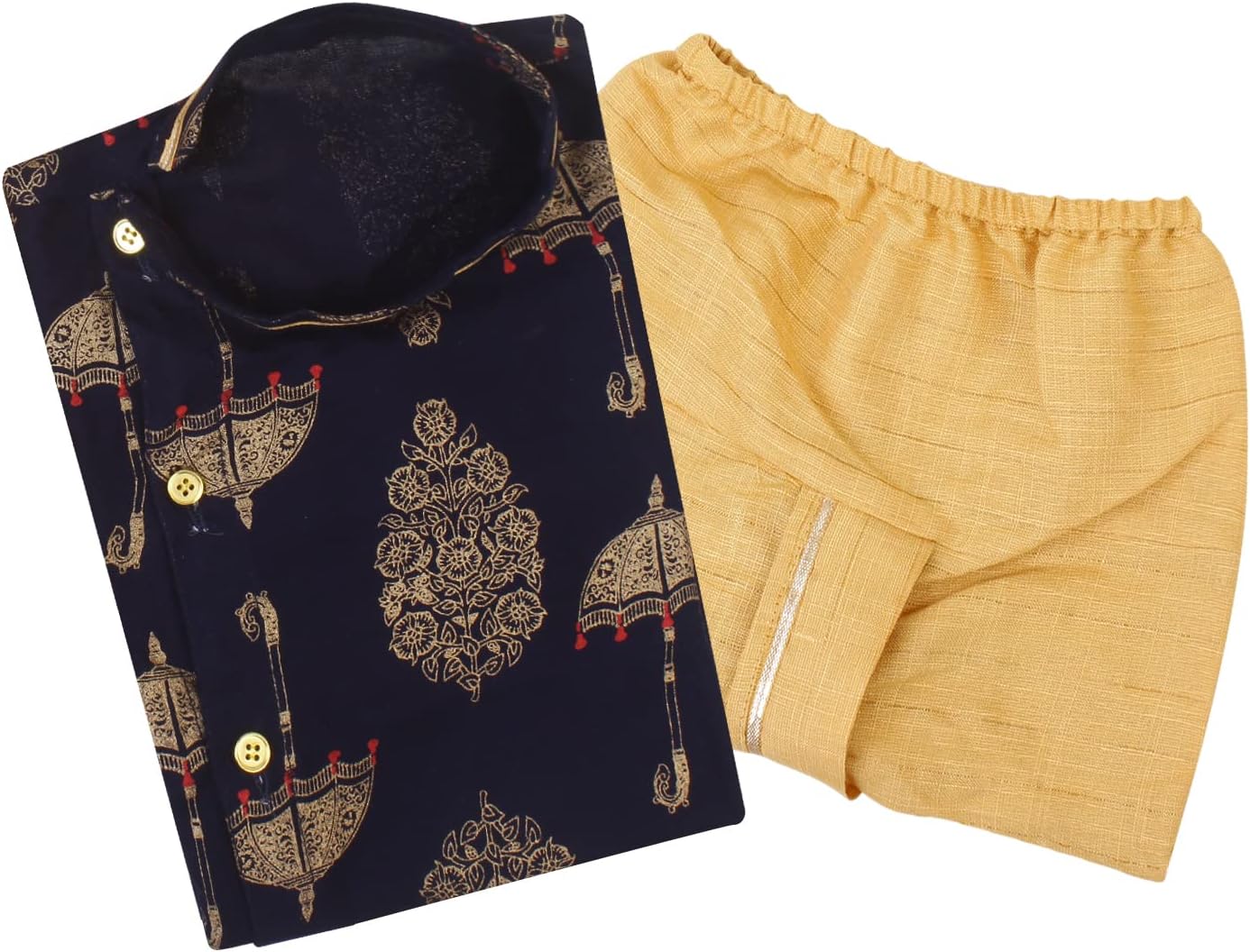 superminis Boy's Golden Foil Printed Side Open Cotton Kurta, Round Collar, Full Sleeves With Cream Color Dhoti Clothing Set