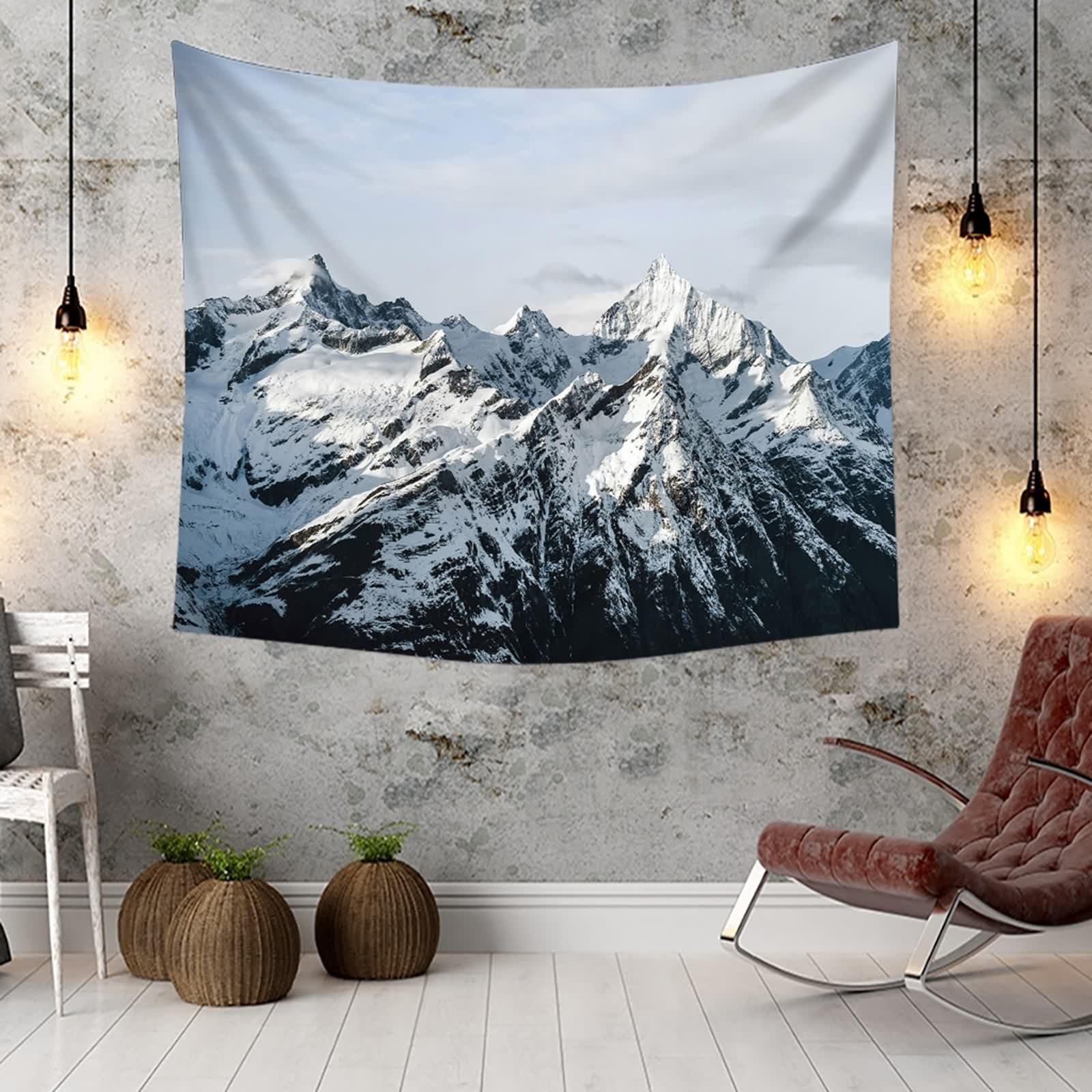 Wandteppich XXL Landschaft, Wall Tapestry Vintage Schneeberg Weiß Schwarz Polyester Deko 300x256cm