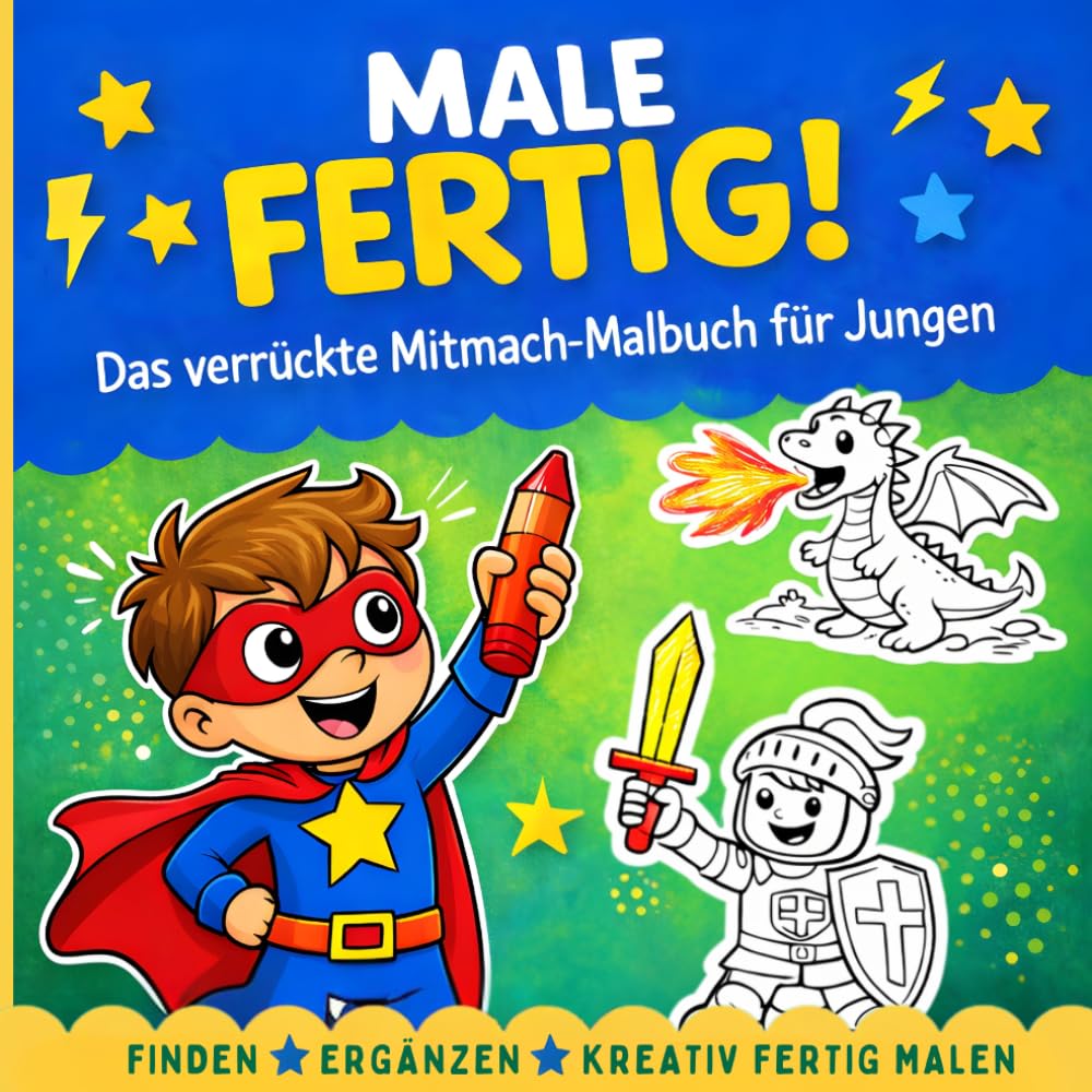 Male fertig! – Das verrückte Mitmach-Malbuch für Jungen: Lustiges Kreativ-Malbuch für Kinder ab 5 Jahren – Finden • Ergänzen • Bilder kreativ fertig ... Dinge entdecken und selbst einzeichnen