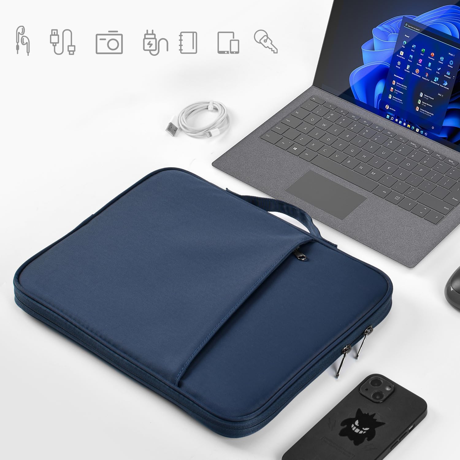 13 inch Laptop Case Sleeve for 2025-2022 MacBook Air 13 inch M4 M3 M2 A3240 A3113 A2681 Water-Resistant Shockproof Handle Bag Cover w/Accessory Pocket -Navy Blue - Image 7