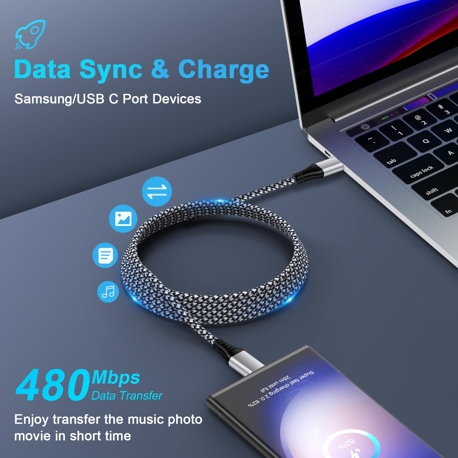 Cavo di ricarica da USB C a USB C, 3 m, 60 W, intrecciato, lungo da tipo C a tipo C, cavo di ricarica rapida per iPhone 16e/16 Pro Max/16/15 Pro/15 Plus/Samsung Galaxy S25 Edge/S24 Ultra/S23/S22/S21