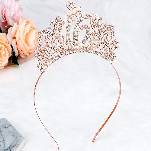 Miniatura 4 de CIEHER Juego de banda y corona de cumpleaños de 16 años, diadema y banda de oro rosa para niñas, el mejor regalo de cumpleaños 16 para niñas