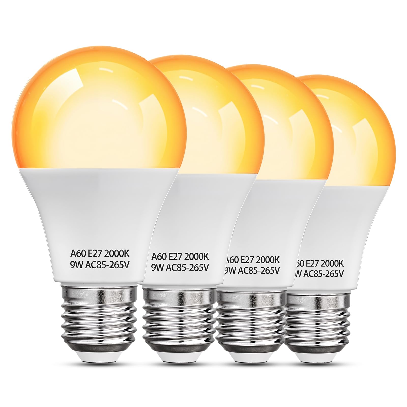 HomiShine 2000K E27 Amber Warm Light Bulb GLS A60 ES Screw in Bulb, 9W (60W Equivalent) Blue Light Blocking Warm Light Bulbs for Healthy Sleep, Bedroom, Nursery, Energy Saving, 4 Pack