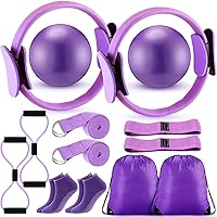 Vista 10 de Poen Juego de anillos de pilates y pelota para mujer, anillo de pilates, bola circular con correa de estiramiento, 8 bandas de resistencia