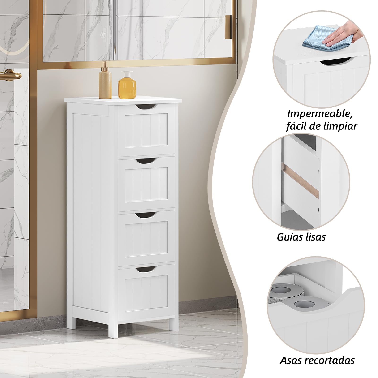eSituro Armario de Suelo para Baño Auxiliar Pequeño Mueble Organizador de Cajones Laterales con 4 Cestas MDF Blanco 28 x 29 x 82 cm