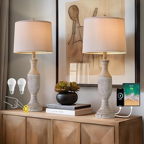 OYEARS Juego de 2 lámparas de mesa regulables de 3 vías con control táctil de 21.75 pulgadas, lámpara retro de granja con puerto USB A+C, lámpara de