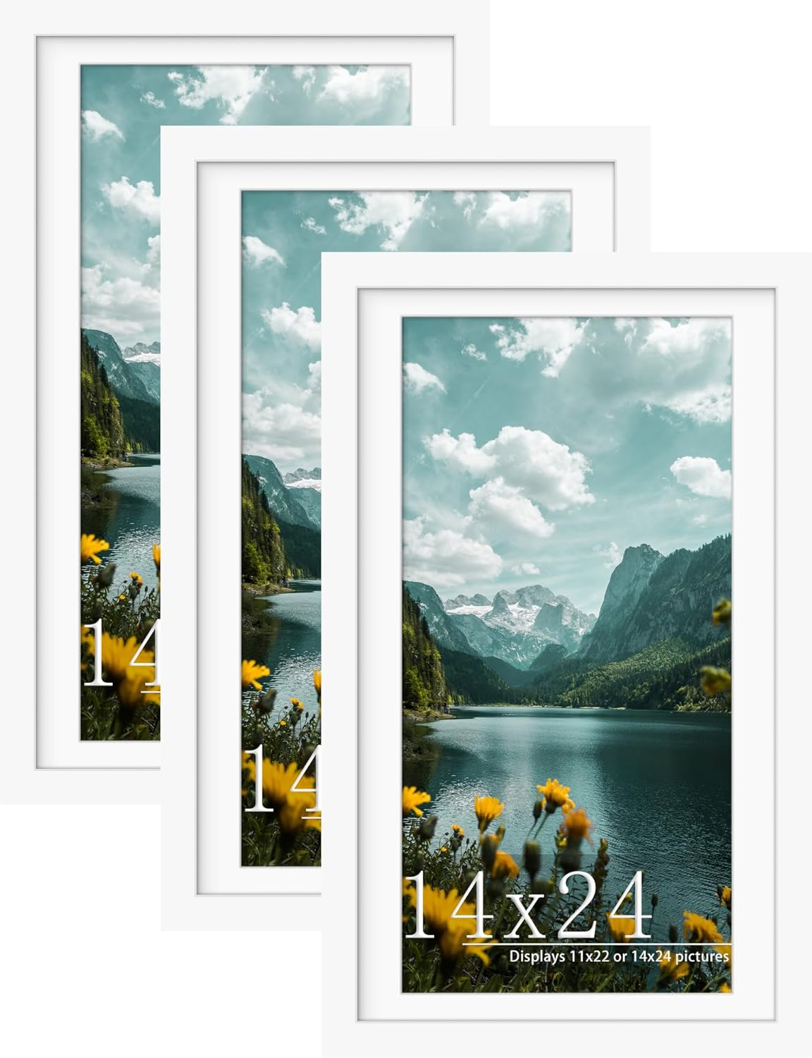 Picrit 14x24 Picture Frame 3 Pack, White Poster Frame, Display Poster 11 x 22 with Mat or 14 x 24 without Mat for Horizontal or Vertical Wall Mounting