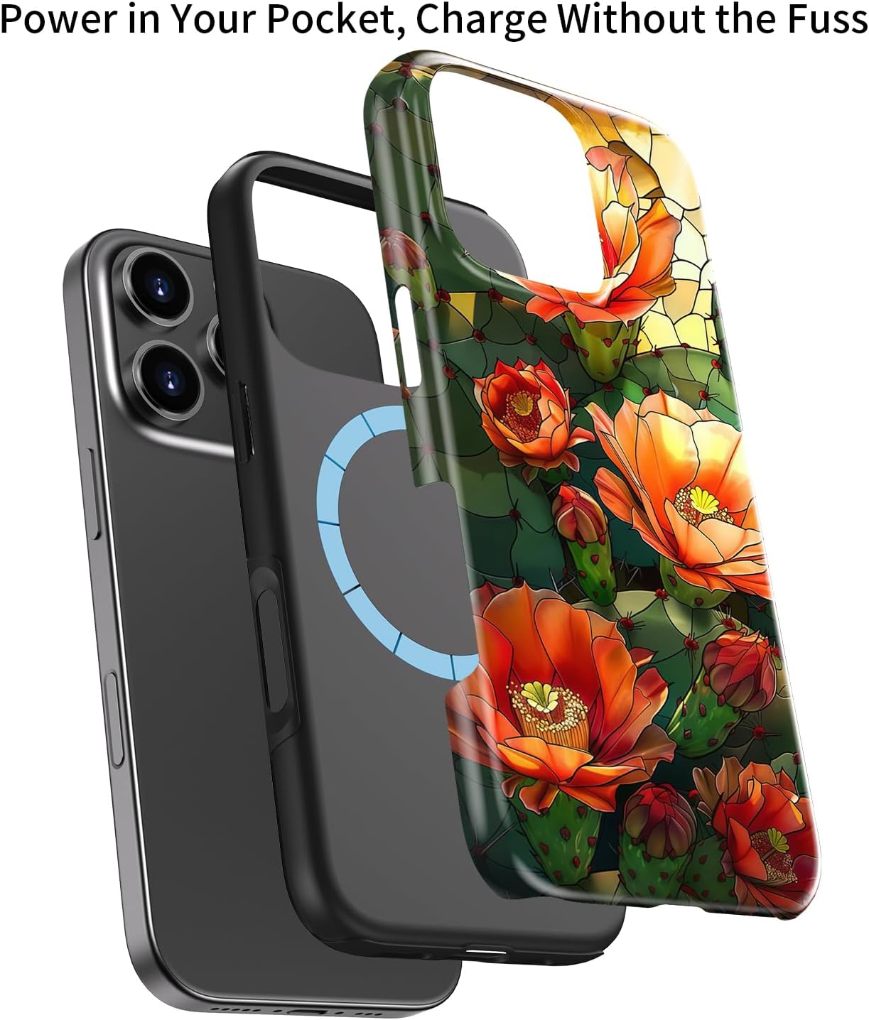 MERRO for iPhone 16 Pro Case - Wireless Charging Compatible - Dual-Layer Hard Shell & Silicone Cover - Protective Phone Case with Cute Wildflower Designs for Women - Blazing Cactus Flora - Image 3