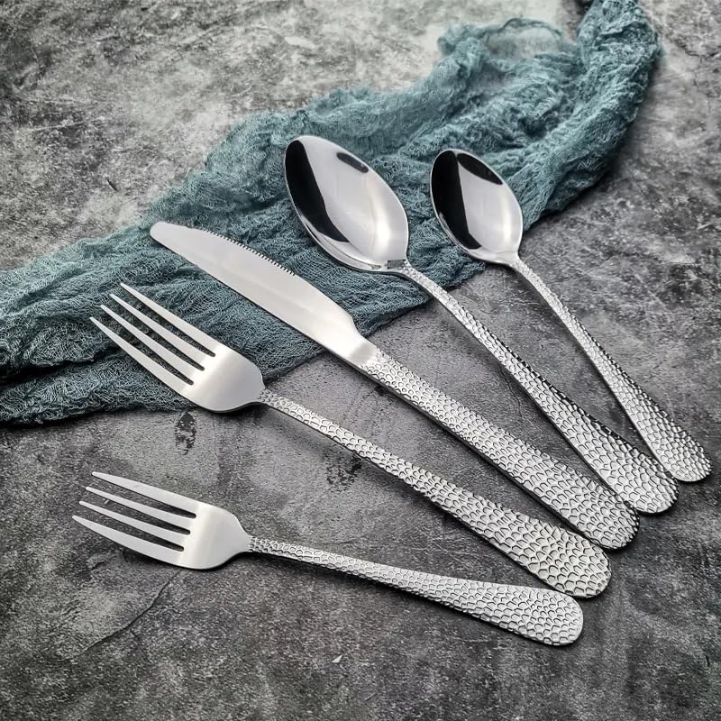 Image of Hammered Sterling Silver Silverware Set | 20-Piece Premium Stainless Steel Flatware Set | Dishwasher Safe Cutlery Set for Home, Restaurant & Gifting