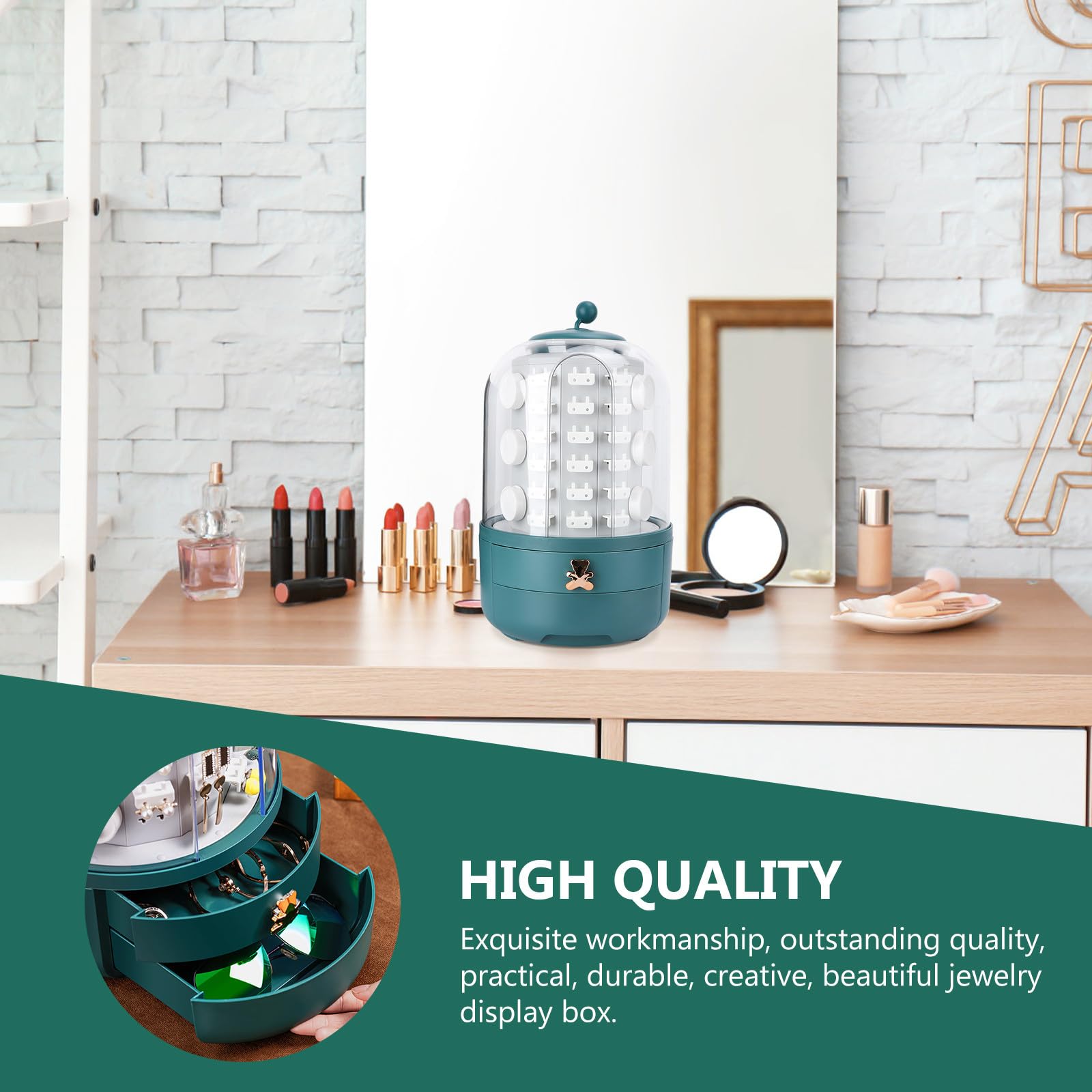 Caja de Anillos Contenedor de Joyas Joyero Giratorio Verde de ABS, Gran Capacidad, Organizador de Cosméticos para Tocador