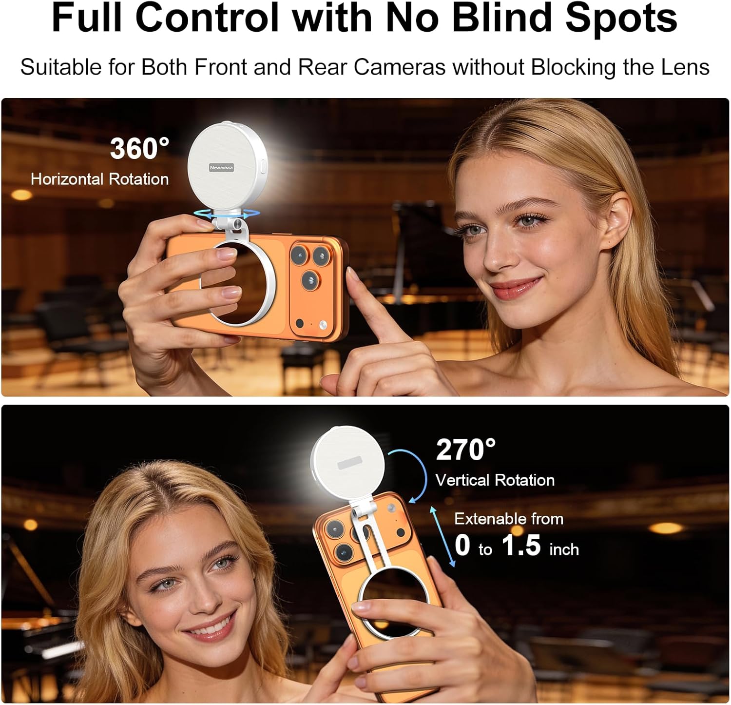 Newmowa Magnetic Selfie Light, Extendable Phone Ring Light with Mirror, Portable Rechargeable LED Fill Light for Selfie//Makeup/Video Conference/Zoom Call/TikTok, Compatible with All Phones(White)