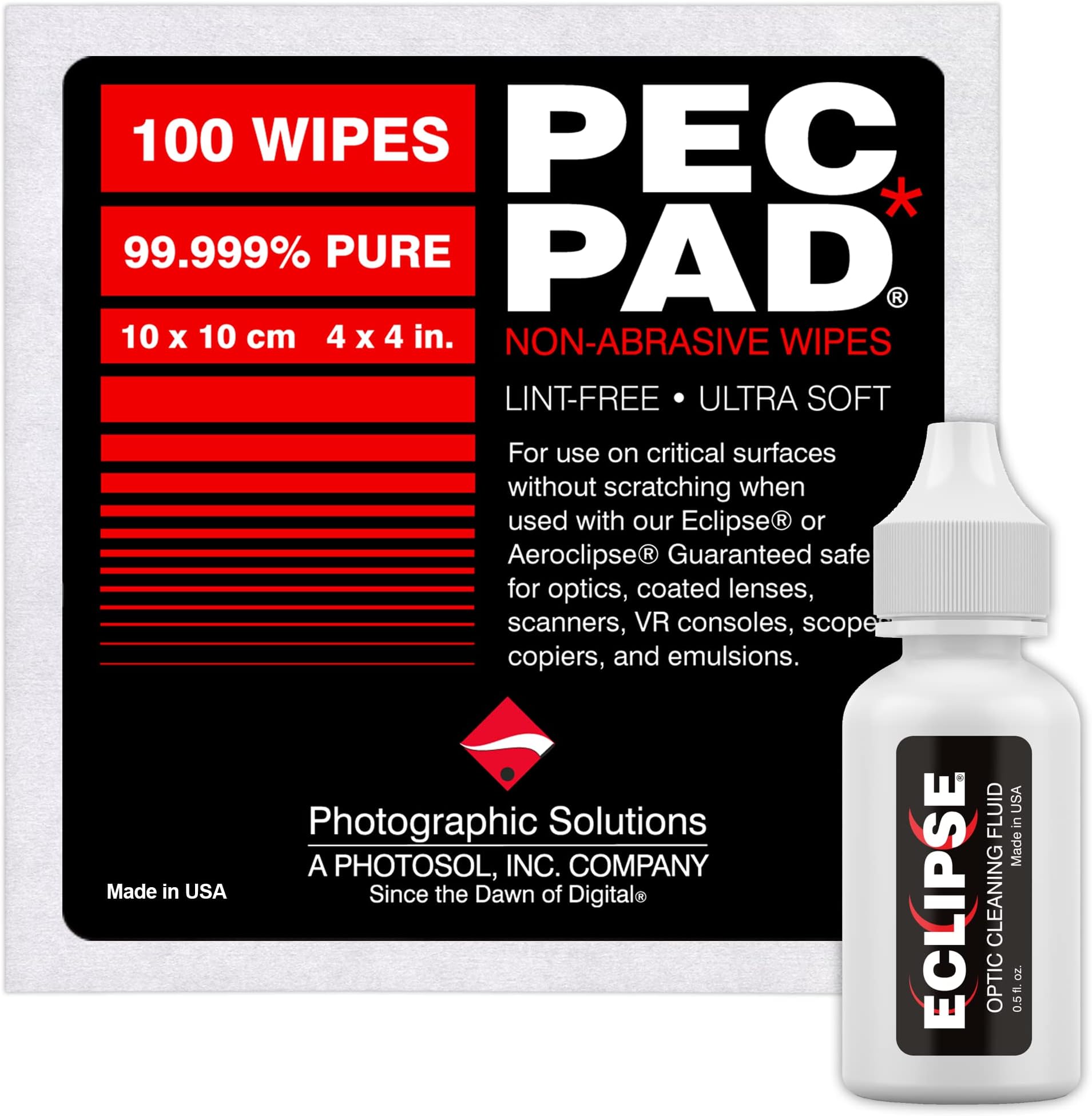 Eclipse Optic Cleaning Fluid (15ml) 0.5oz and PEC-PAD Lint-Free Wipes – Non-Abrasive Cleaning Combo for Lenses & Sensors