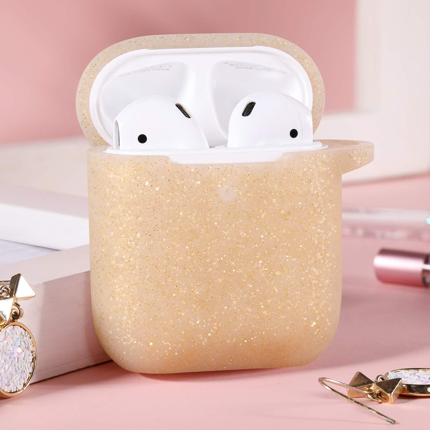 Hamile Compatible with AirPods Case [Front LED Visible] Soft Silicone Protective Cases Cover Skin Designed for Apple AirPod 2 & 1, Women Men, with Keychain - Glitter Gold