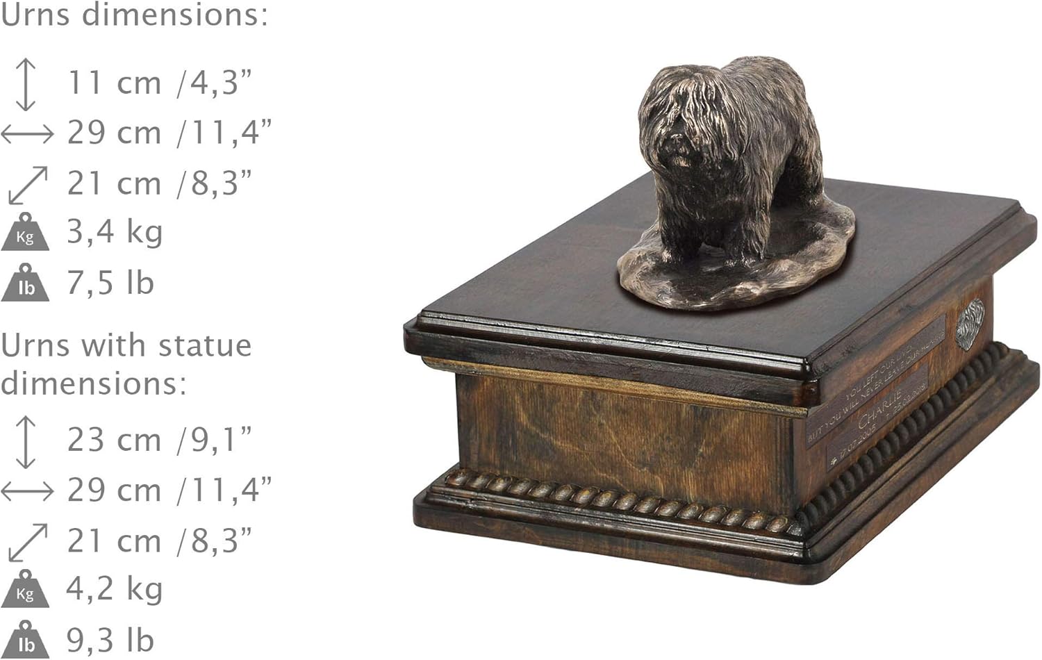 Art-Dog Custom Dog Sitting Statue Memorial Urn - Handmade Cold Cast Bronze on Birch Base – Sturdy and Stylish Urn for Dog’s Ashes – 8.3x11.4x8.7 – 5l – Polish Lowland Sheepdog