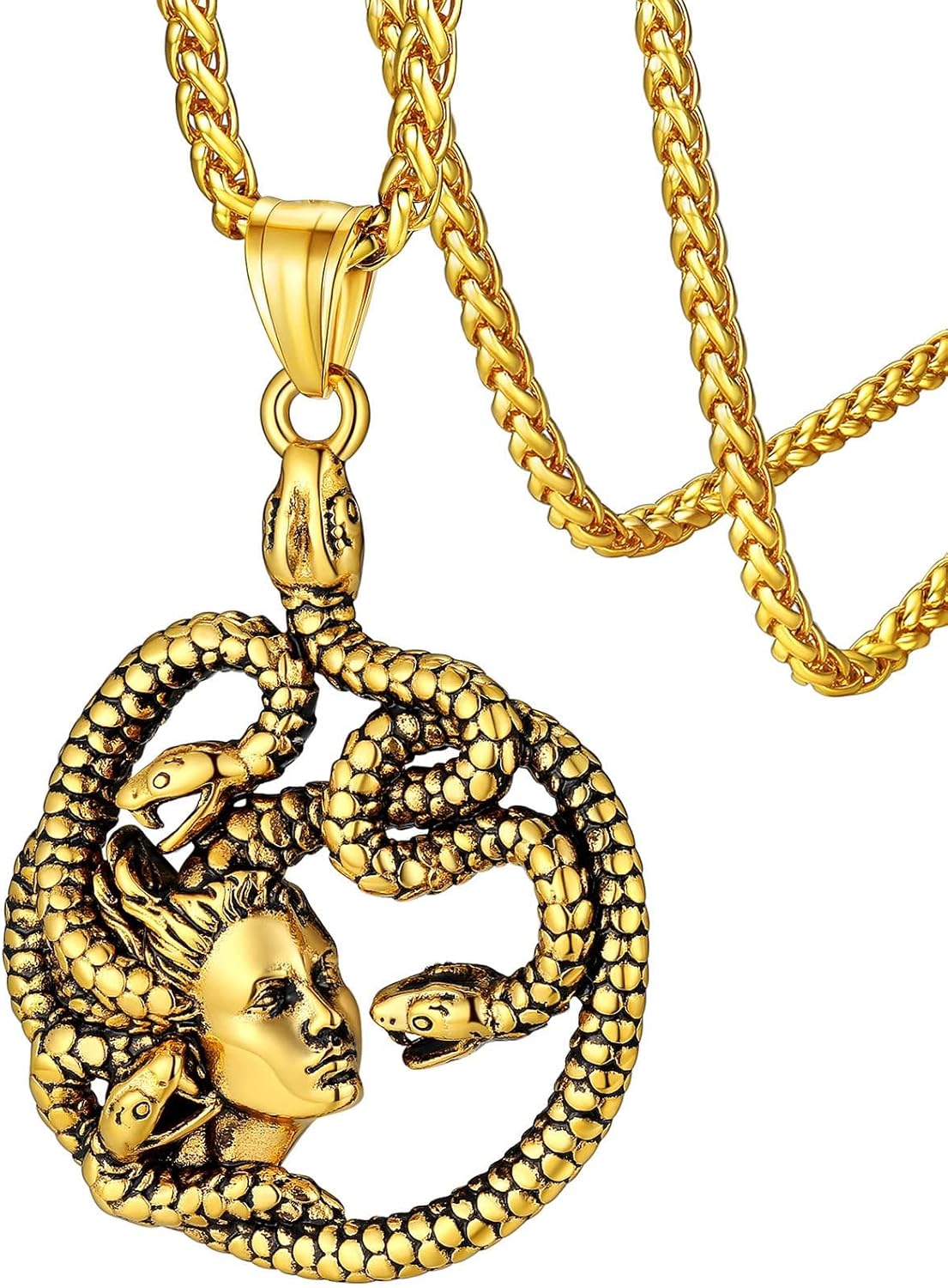 FaithHeart Greek Poseidon/Medusa Pendant Necklace for Men Women, Silver/Black/Gold Stainless Steel Ancient Greece Protection Necklace Mens Amulet Jewelry