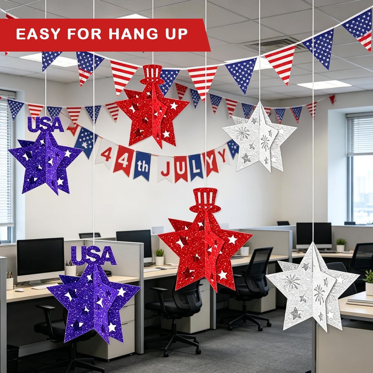 4th of July Patriotic Star Glitter Hanging Ornaments 3D Red White Blue, Hanging on Ceiling or Placing on Mantel, Table, Shelf, Independence Day Decor for Home, Party, Classroom, Office 12 Pack