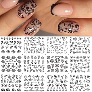 Black Flowers Nail Stickers, Floral Nail Art Decal 3D Self-Adhesive Lace Retro Flower Vine Leaf Decals for Women Nail Designs Decoration (373-384)