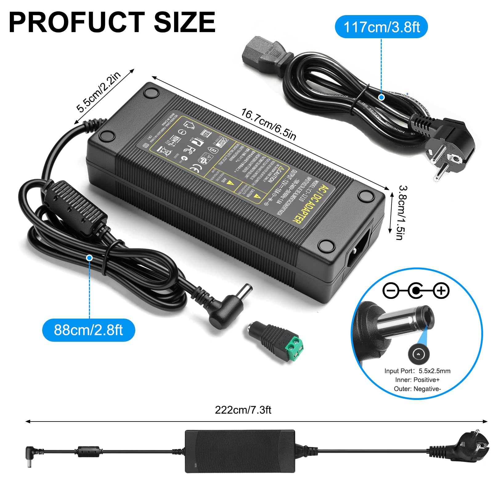 Adattatore di Alimentazione 12V 10A, 120W Convertitore AC 100-240V a DC 12V 10A con Connettore 5,5 x 2,5/2,1 mm Compatibile con Strisce LED, Stampanti 3D, Telecamere CCTV e Dispositivi a 12V