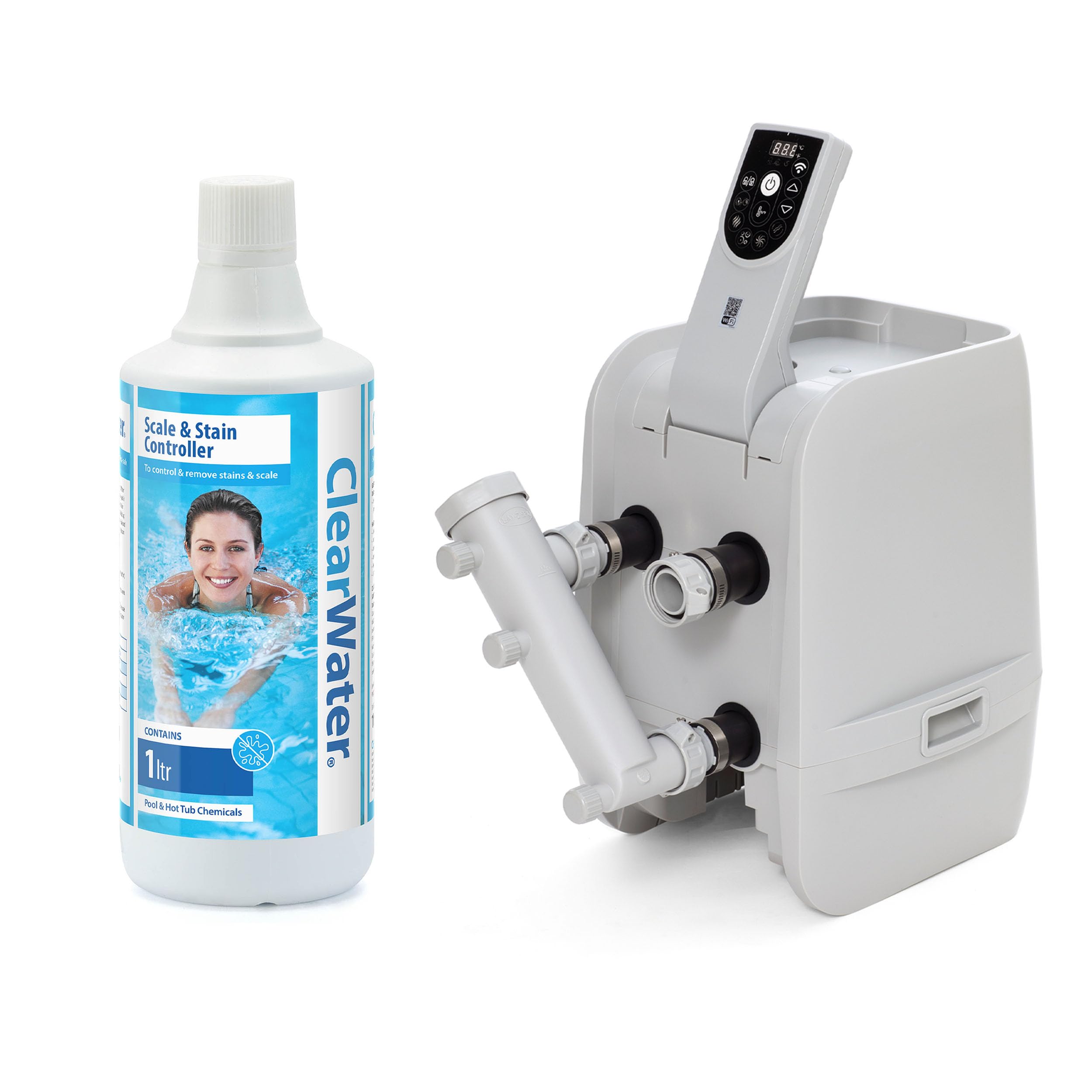 Clearwater Scale and Stain Controller Treatment for Filter Pumps Hot Tubs, Spas and Pools, 1 Litre, White (1L + Limescale Kit)