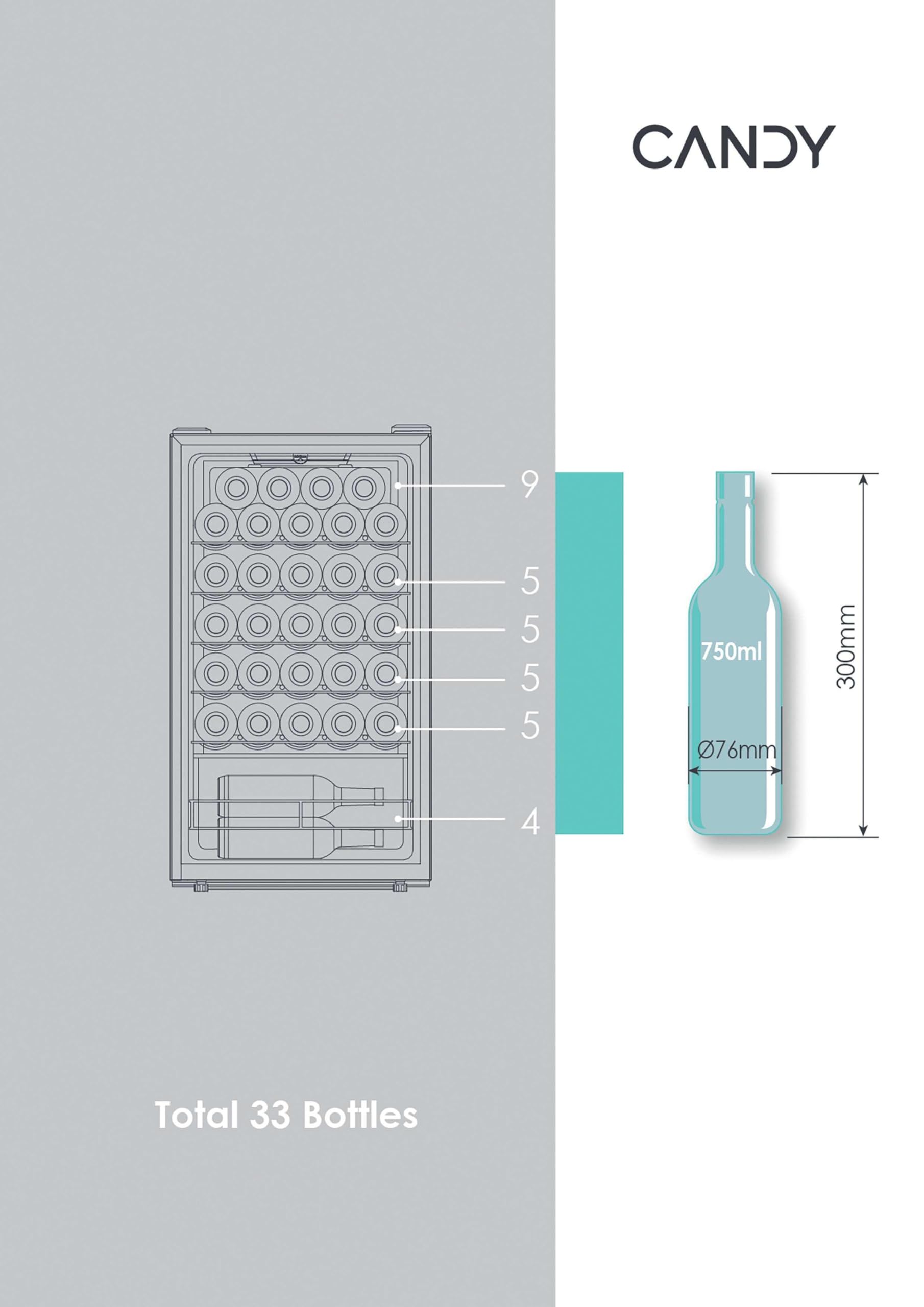 Candy DiVino Cantinetta Vino 23 Bottiglie, Libera Installazione, Vetro Anti-UV, Ripiani Cromati, Luce LED, Porta Reversibile, 37 dB, 85 x 47,5 x 45,6 cm (A x L x P), Nero, CWC023