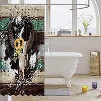 Vista 3 de Cortina de ducha de calavera de toro, cortina de baño rústica retro con estampado de piel de vaca occidental, diseño de herradura, girasoles