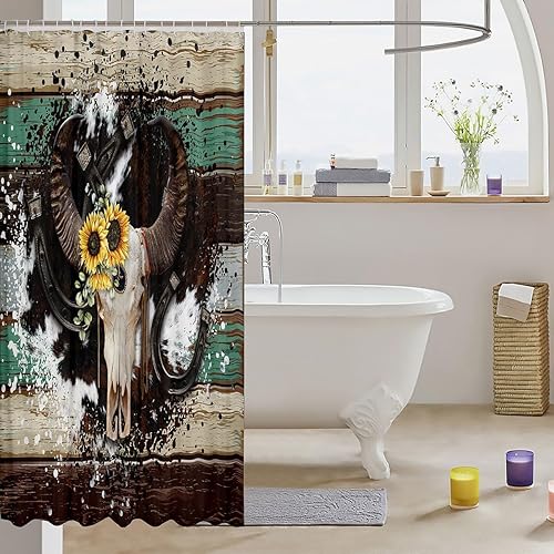 Miniatura 3 de Cortina de ducha de tela de calavera de toro, cortina de ducha de piel de vaca retro rústica con estampado de animales salvajes occidentales para