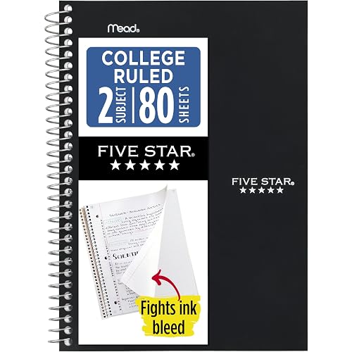 Five Star Spiral Notebook, 2 Subject, College Ruled Paper, 6" x 9-1/2", 80 Sheets, Fights Ink Bleed, Water Resistant Cover, Black (840029AA2-ECM)