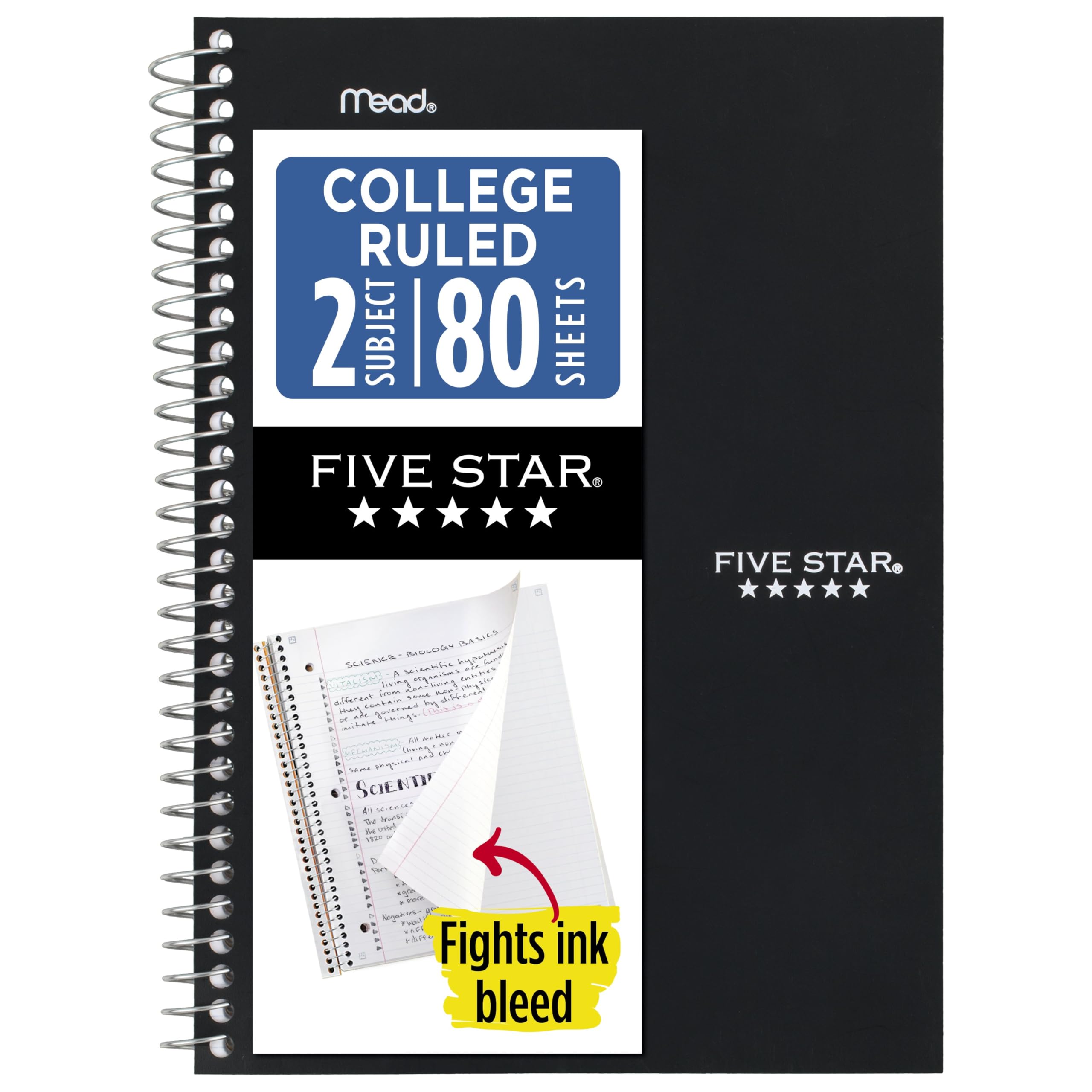 Five Star Spiral Notebook, 2 Subject, College Ruled Paper, 6" x 9-1/2", 80 Sheets, Fights Ink Bleed, Water Resistant Cover, Black (840029AA2-ECM)