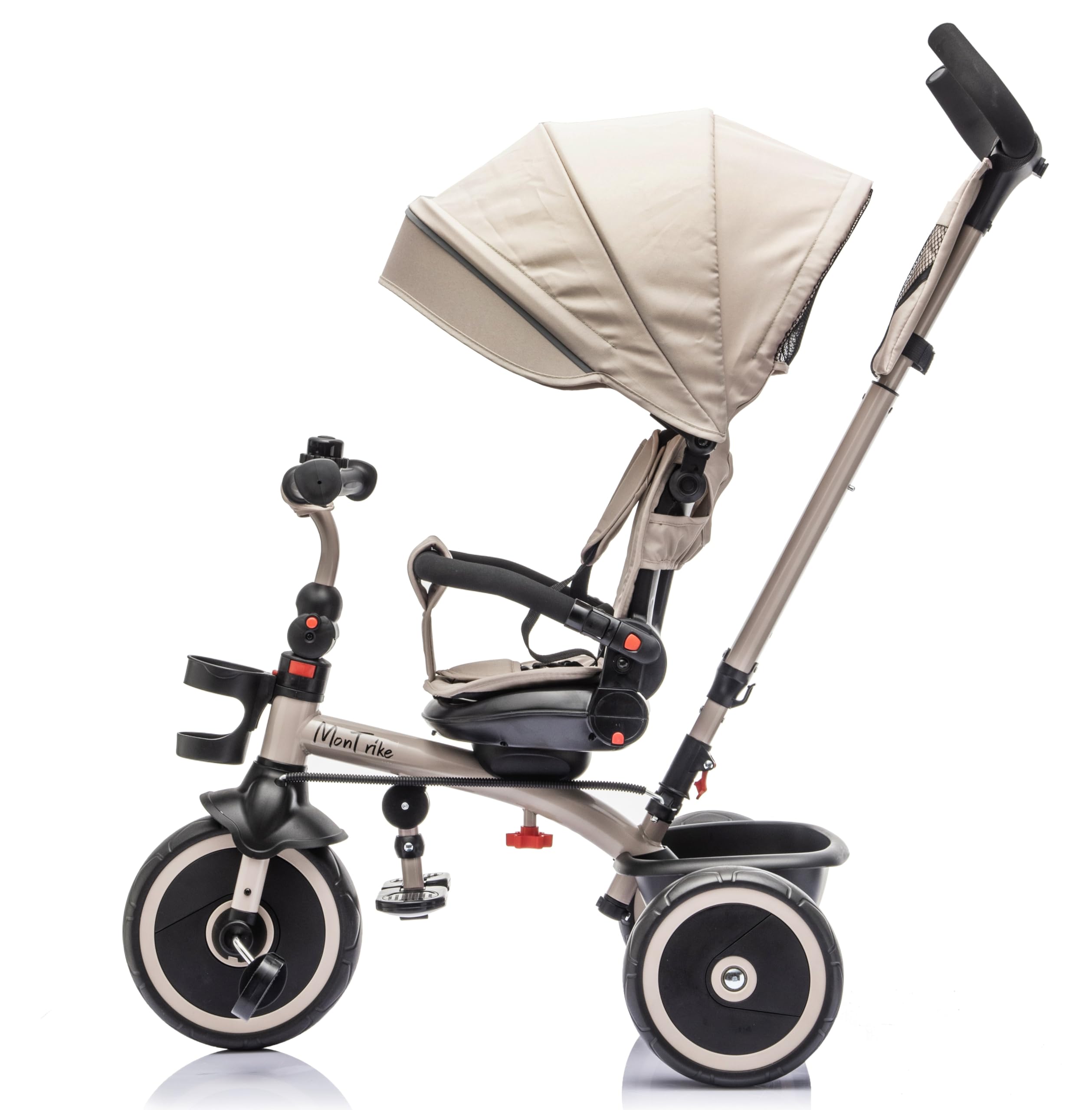 MonTrike Triciclo Explorer Gioco Evolutivo da 12 mesi a 5 anni Reclinabile 4 in 1 fino a 25 kg Sedile Girevole con Accessori e Ruote in Gomma Eva (Cappuccino)