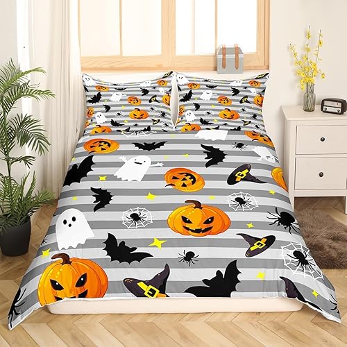 Miniatura 6 de Manfei Juego de funda de edredón de Halloween, tamaño Queen, fantasmas, calabaza, farol, murciélagos, araña, juego de ropa de cama de 3 piezas para