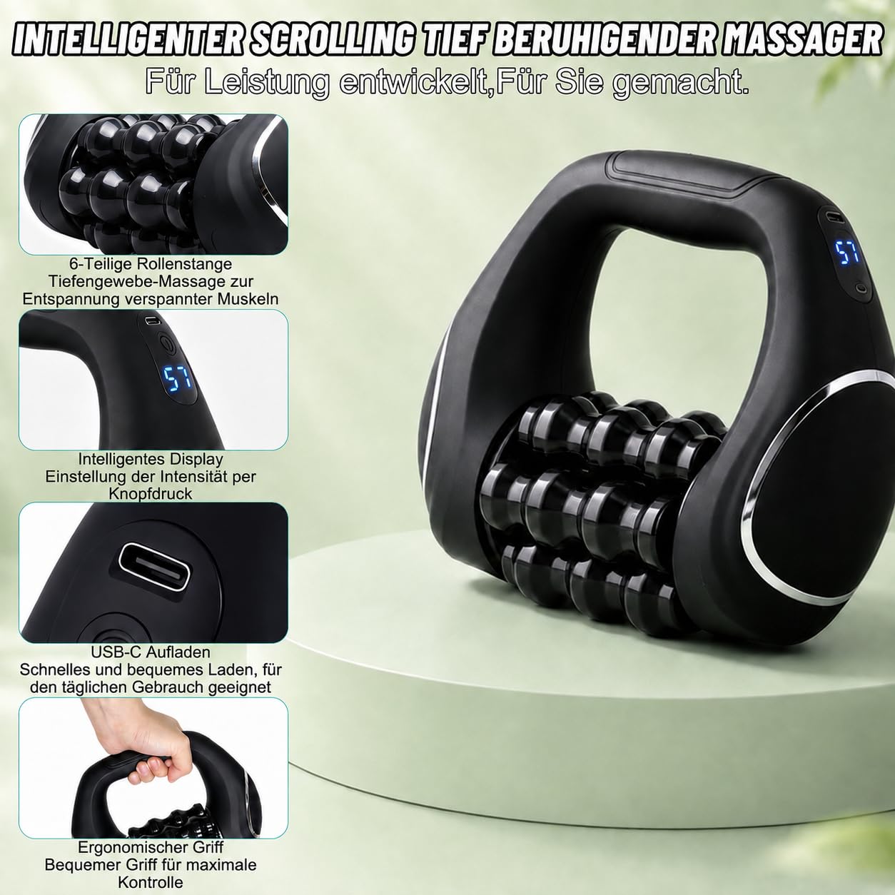 Massageroller Elektrisch Handmassagegerät,mit 9 Geschwindigkeitsstufen, 1200mAh Akku Massagegerät für Tiefengewebsmassage, Tragbarer Rollmassagegerät für Muskeln & Ganzkörperentspannung
