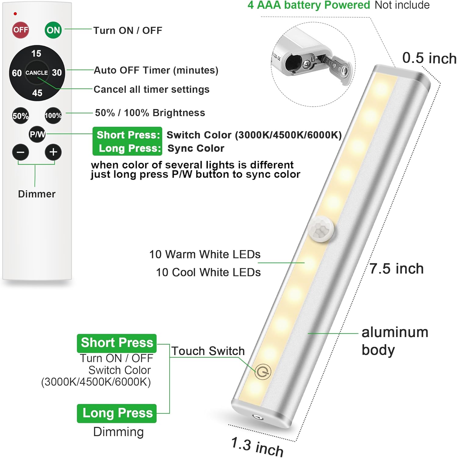SZOKLED Under Cabinet Lights Battery Operated, Remote Control Closet Light 20-LED, Wireless Counter Lighting, Stick on Touch Night Light for Kitchen Hallway Stairs, Timing & Dimmable, 4 Pack