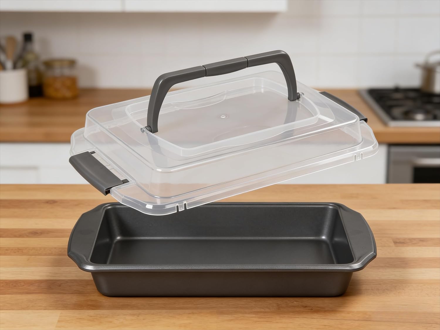 Premium Steel 13x9 Inch Non-Stick Rectangular Baking Pan with Lid - Oblong Cake Pan for Sheet Cakes & Brownies