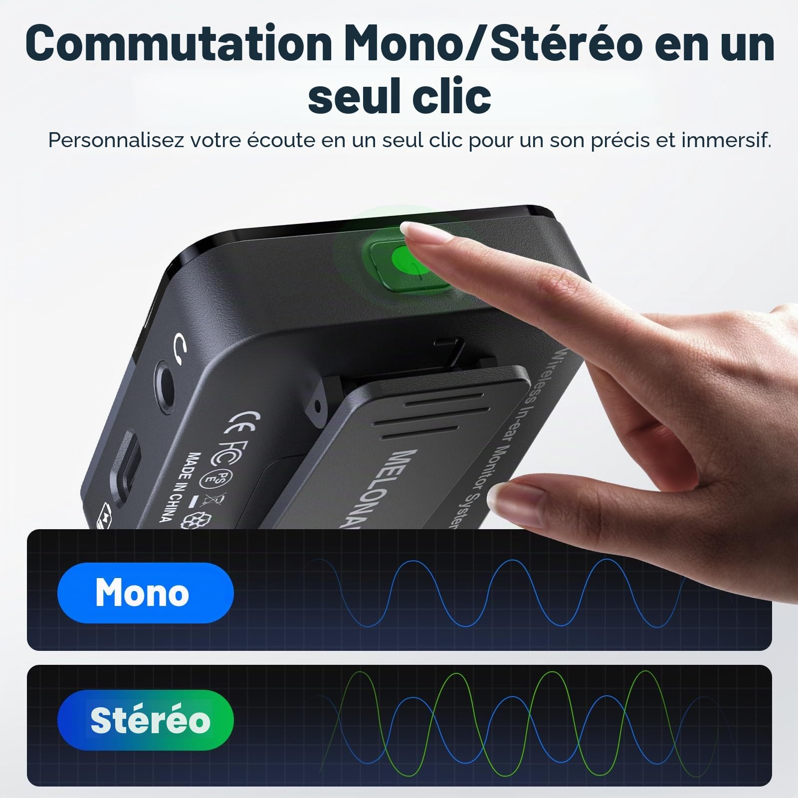 MELONARE PM-2S Système de moniteur intra-auriculaire sans fil portable, commutateur mono/stéréo, émetteur et récepteur sans fil, audio 24 bits/48 kHz, entrée OTG, IEM pour spectacles en direct