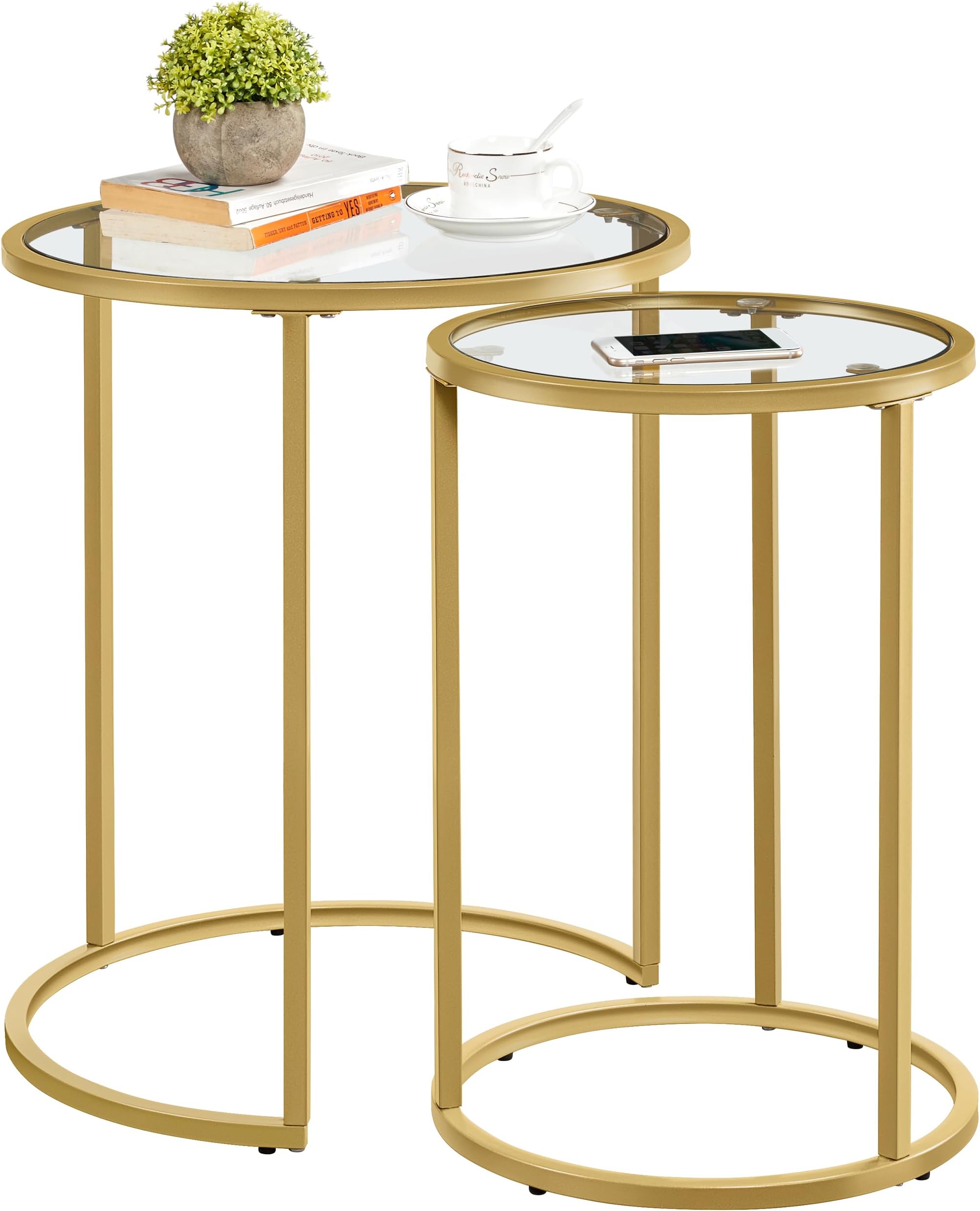 Yaheetech Round Nesting Coffee Tables Set of 2, Glass Top Side Table End Tables with Metal Frame for Living Room Bedroom Office, Gold