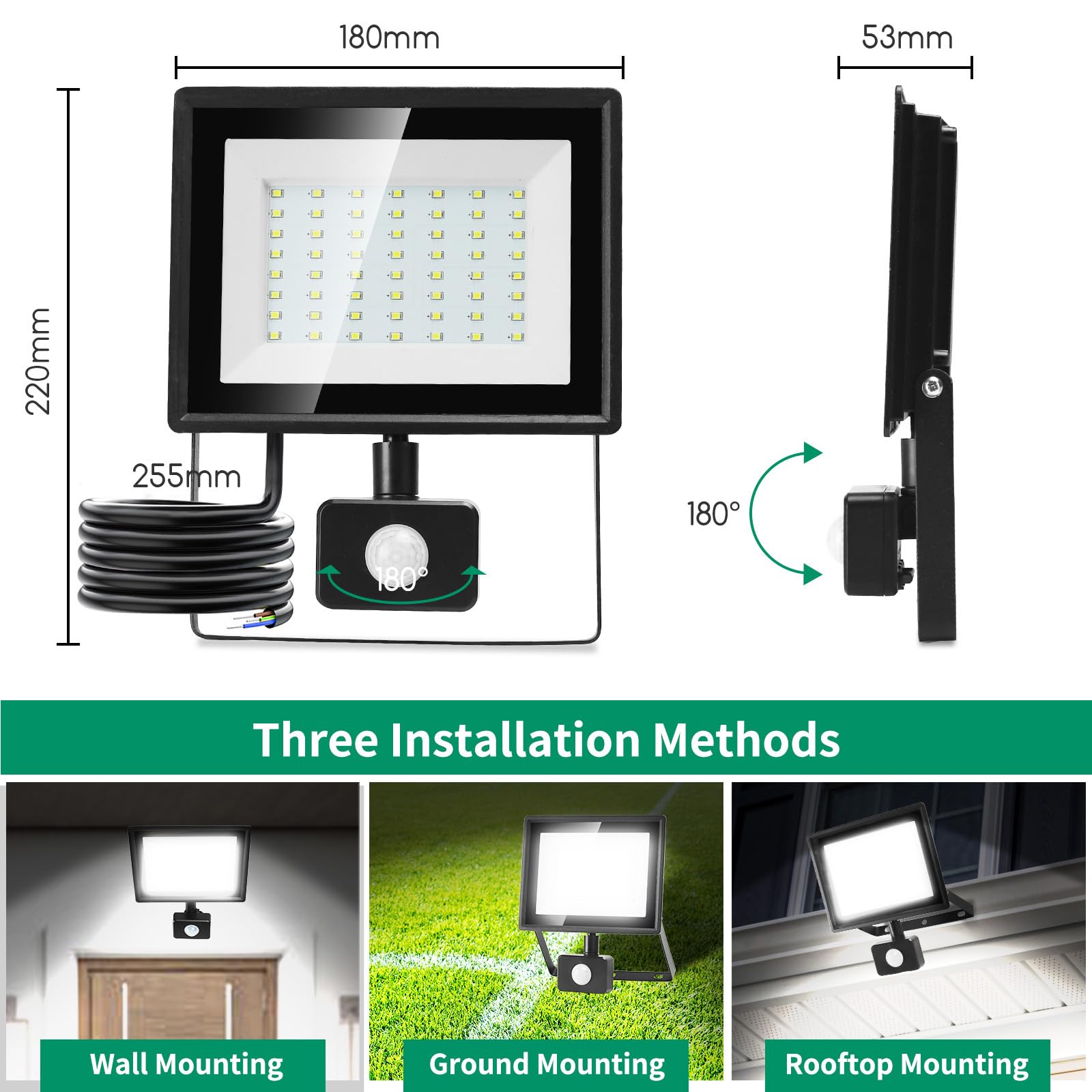 Aigostar Foco LED con Sensor Movimiento 50W,4300LM Super Brillo Focos LED Exterior IP65 Impermeable,Blanco Frío 6500K Proyector Led Exterior,Perfectas para Jardín, Garaje, Patio, etc.