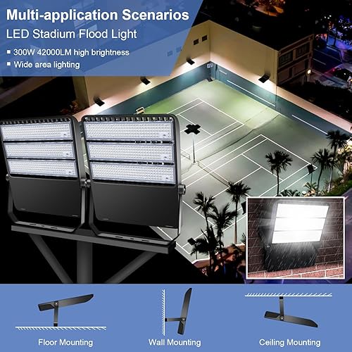 Miniatura 4 de BIRITALO Luces de inundación LED de 300 W para estadios al aire libre, 42000 lm, súper brillantes para iluminación de área de campo, 5500 K, IP65,